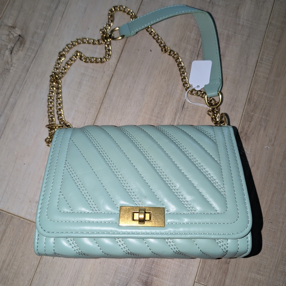 Mint Green Quilted Crossbody Bag with Gold Chain